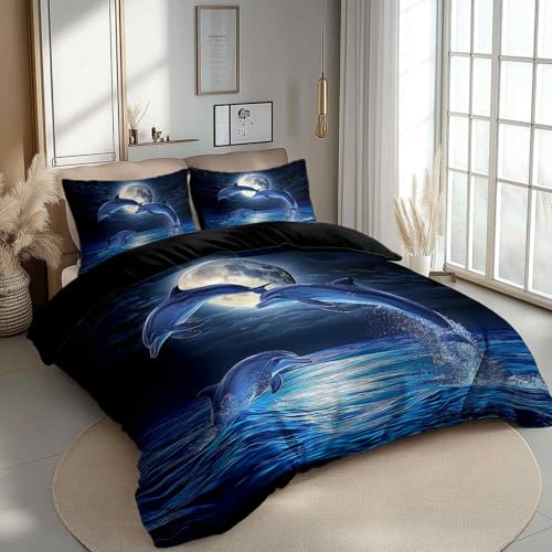 Bettwäsche Set Nacht Delfine Mondlicht Dunkelblau Silber,Mit 2 Kissenbezügen 80X80 cm, Mikrofaser Bettbezug 3Er Set Mit Reißverschluss, Bügelfrei Und Weich Cool 135 cm X 200 cm Bettwäsche Set Nacht Delfine Mondlicht Dunkelblau Silber,Mit 2 Kissenbezügen 80X80 cm, Mikrofaser Bettbezug 3Er Set Mit Reißverschluss, Bügelfrei Und Weich Cool 135 cm X 200 cm von Generic