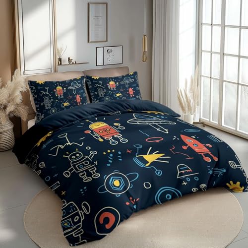 Bettwäsche Set Technologie Weltraum Roboter Blau Gelb, Weich Und Angenehm Bügelfrei & Knitterfrei Bettbezug Set Mit 80X80 cm Kissenbezug 3Er Set Bettwasche Mit Reißverschluss 135 cm X 200 cm von Generic