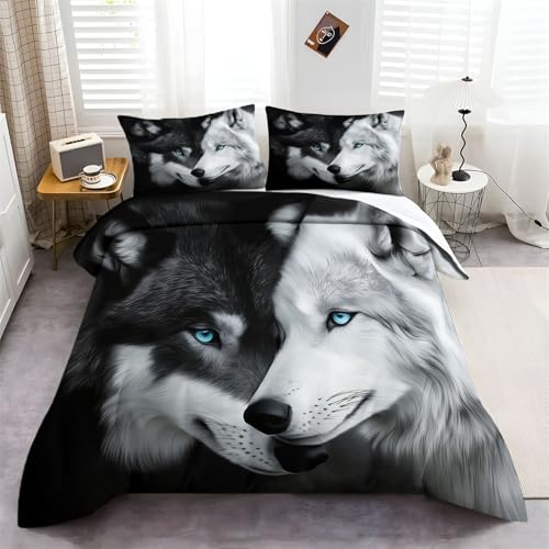 Bettwäsche Set Tier Zwei Wölfe Weiß Schwarz, Weich Atmungsaktiv Bettwäsche-Set 3teilig Mikrofaser mit Reißverschluss, Bedrucktes Bettbezug Set für Schlafzimmer Dekoration 135 cm x 200 cm Bettwäsche Set Tier Zwei Wölfe Weiß Schwarz, Weich Atmungsaktiv Bettwäsche-Set 3teilig Mikrofaser mit Reißverschluss, Bedrucktes Bettbezug Set für Schlafzimmer Dekoration 135 cm x 200 cm von Generic