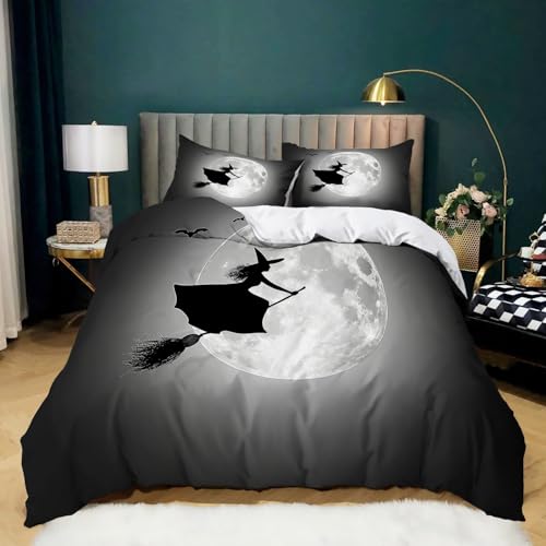 Weiß Schwarz Bettbezug 135 cm X 200 cm Halloween Hexe Fledermäuse – Moderne Bettwäsche Aus Polyester, Robust, Bügelfrei, Langlebig, 3-Teiliges Set Mit 2 Kissenbezüge 80X80 cm, Sichere Eckbänder Weiß Schwarz Bettbezug 135 cm X 200 cm Halloween Hexe Fledermäuse – Moderne Bettwäsche Aus Polyester, Robust, Bügelfrei, Langlebig, 3-Teiliges Set Mit 2 Kissenbezüge 80X80 cm, Sichere Eckbänder von Generic