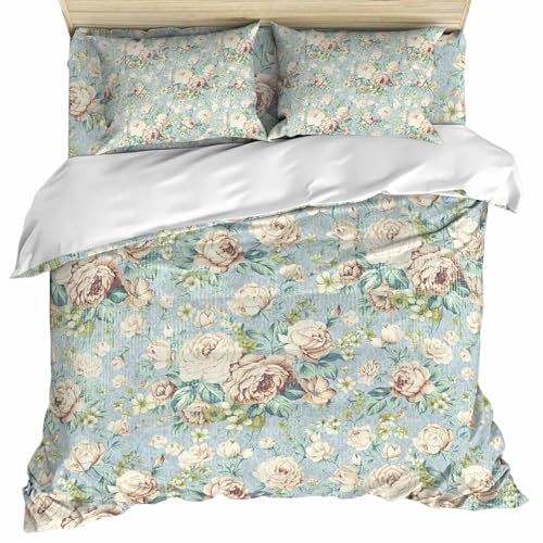 Bettwäscheset mit Blumenmuster in voller Größe mit Bettdecke – rustikales Vintage-Pflanzendesign im botanischen Frühlings-Shabby-Chic-Stil – inklusive 2 Kissenbezügen und Bettlaken – Reißverschluss von Generic