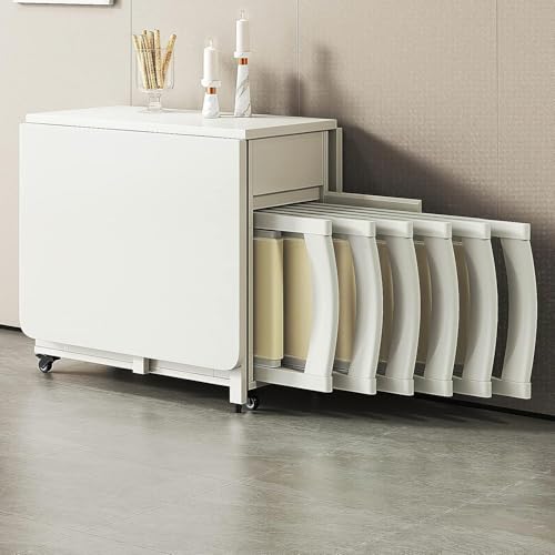 Bewegliches 3-in-1-Klapp-Esstisch-Set, Längenverstellbar mit verstecktem Stuhl und Stauraum, Abgerundete Sicherheitsecken und 4 Rollen mit Bremsen(Natural,6Chairs) von Generic