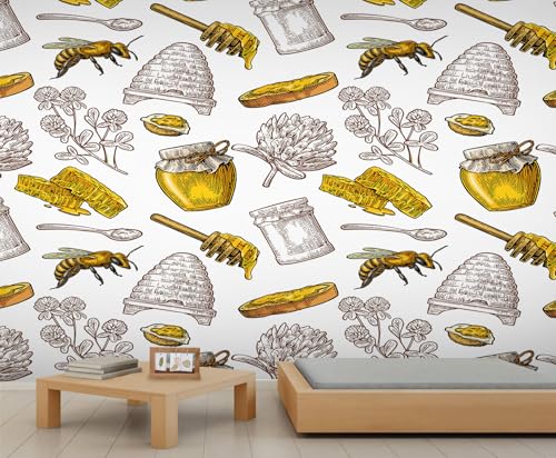 Bienenhonig Wandbild Bienenstock Tapete Honigglas Wandtapete Blumen Natur Thema Tapete für Schlafzimmer Wohnzimmer Poster 232 X 158 cm von Generic