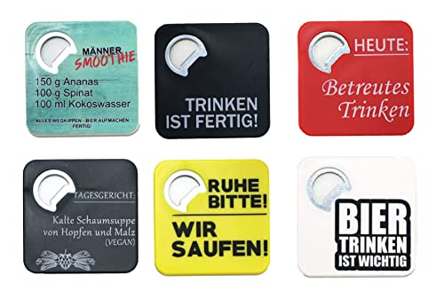 Bierdeckel und Flaschenöffner Getränkeuntersetzer Untersetzer mit lustigen Sprüchen 8,5 x 8,5 cm 6 Stück Sortiert von Generic