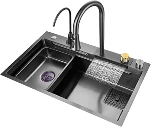 Black Nano Single Bowl Kitchen Sink 304 Edelstahl Wasserfall Bar Spüle Mehrzweck Handgefertigte Spüle Rv Spüle Mit Ausziehbarem Wasserhahn Und Entwässerungskomponent, Black-a, 68x45x22cm von Generic