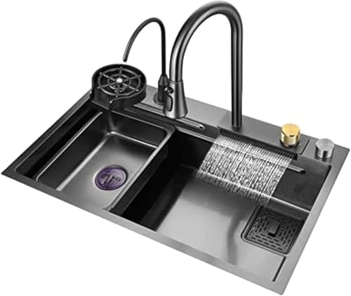 Black Nano Single Bowl Kitchen Sink 304 Edelstahl Wasserfall Bar Spüle Mehrzweck Handgefertigte Spüle Rv Spüle Mit Ausziehbarem Wasserhahn Und Entwässerungskomponent, Black-b, 75x45x22cm von Generic