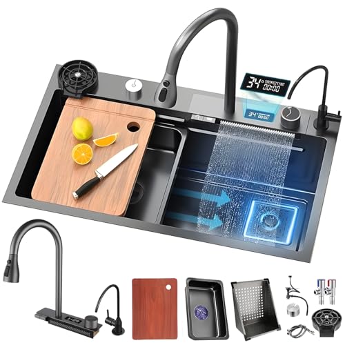 Black Stainless Steel Rectangular Waterfall Sink with Siphon Overflow & Drain Set - Modern Multifunctional Basin Accessory Set (85 x 45 cm) von Generic