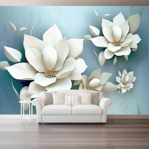 Blau Fototapete 350 x 256 cm Vintage Pflanzen Weiß Blumen Thema Wandbild Wohnzimmer Schlafzimmer Wandtapete, Vlies Tapete UV-Beständig Geruchsfrei Montagefertig von Generic