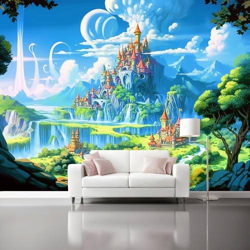 Blau Fototapete - 3D Effekt Fantasie Cartoon Schloss Dorf Thema Vlies-Tapeten für Mädchen & Jungs Schlafzimmer Panorama Wandbild, 250 x 175 cm Büro Heimdekoration Hintergrund von Generic