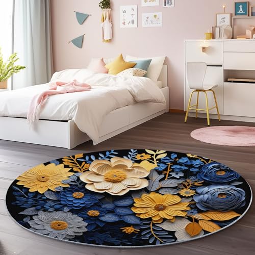 Blau Gelb Runder Teppich 100 cm, Weich Kurzflor Rutschfester 3D Papierschnitt Blumen Bedruckter Waschbar Runder Teppich - für Schlafzimmer Flur Wohnzimmer Couchtisch von Generic
