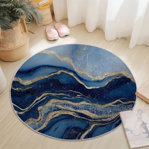 Blau Gold Runder Teppich 100 cm, Weich Kurzflor Rutschfester Abstrakt Wellen Goldene Linien Bedruckter Waschbar Runder Teppich - für Schlafzimmer Flur Wohnzimmer Couchtisch Blau Gold Runder Teppich 100 cm, Weich Kurzflor Rutschfester Abstrakt Wellen Goldene Linien Bedruckter Waschbar Runder Teppich - für Schlafzimmer Flur Wohnzimmer Couchtisch von Generic