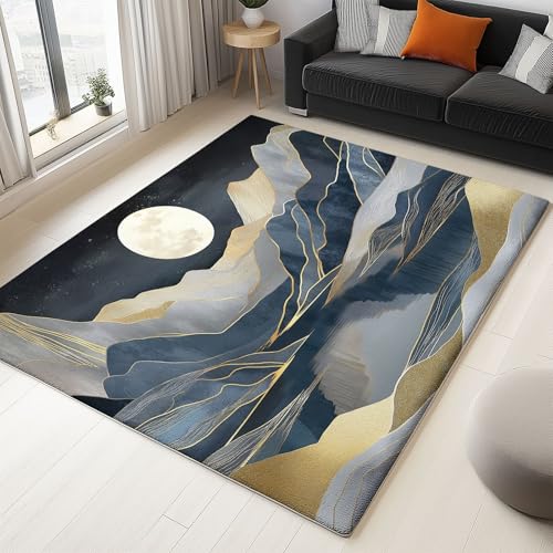 Blau Gold Teppich Wohnzimmer 160 x 230 cm Teppich Schlafzimmer, Minimalismus Landschaft Mond Bedruckter Waschbar Kurzflor Teppiche für Wohnzimmer Schlafzimmer Kinderzimmer Esszimmer von Generic