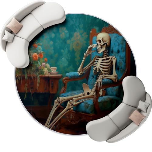 Blau Grün Waschbarer Runder Teppiche 80 cm Weicher Runder Teppich Rutschfester, Gothic Totenkopf Stuhl Blumen Bedruckter Teppich Für Wohnzimmer Esszimmer Schlafzimmer Flächenteppich von Generic