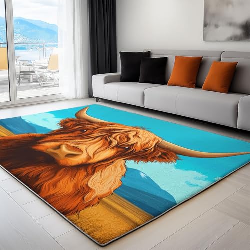 Blau Kurzflor Teppich, Anti-Rutsch-Unterseite, Waschbare Teppiche 140 x 200 cm, Natur Cartoon Kuh Gedrucktes Muster Wurfteppich für Wohnzimmer und Schlafzimmer Blau Kurzflor Teppich, Anti-Rutsch-Unterseite, Waschbare Teppiche 140 x 200 cm, Natur Cartoon Kuh Gedrucktes Muster Wurfteppich für Wohnzimmer und Schlafzimmer von Generic