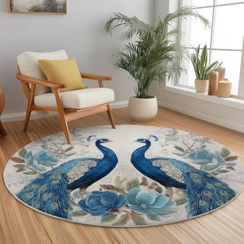 Blau Teppich Rund 180 cm Natur Pfau Blumen Moderner rutschfest Teppiche Runder Waschbar Rund Teppiche Kurzflor Weich Runder Teppich for Wohnzimmer Schlafzimmer Kinderzimmer Blau Teppich Rund 180 cm Natur Pfau Blumen Moderner rutschfest Teppiche Runder Waschbar Rund Teppiche Kurzflor Weich Runder Teppich for Wohnzimmer Schlafzimmer Kinderzimmer von Generic