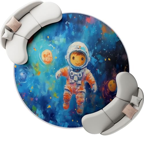 Blau Waschbarer Runder Teppiche 90 cm Weicher Runder Teppich Rutschfester, Cartoon Universum Astronaut Bedruckter Teppich Für Wohnzimmer Esszimmer Schlafzimmer Flächenteppich von Generic
