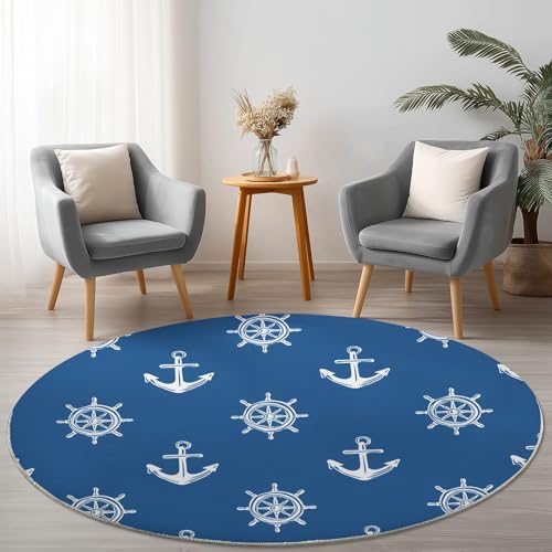 Blau Weiß Weich Runde Teppiche, Nautische Elemente Lenkrad Haken Drucken rutschfest Teppich, Durchmesser 160 cm Waschbar Flanell Rund Teppich für Wohnzimmer Schlafzimmer von Generic