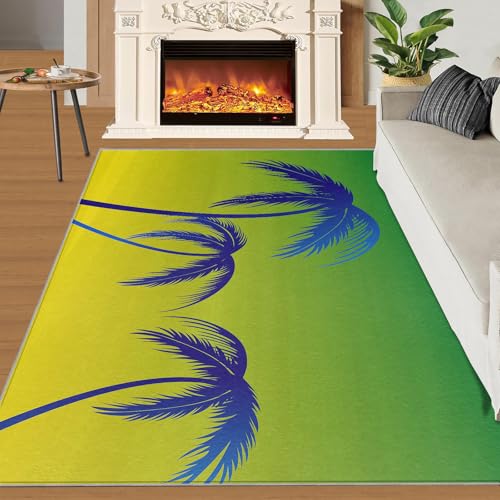 Blaue Kokosnussbaum-Silhouette Teppich Naturpflanze Grün Kinderzimmerteppiche Verträumtes Grün-Gelb 100x140 Rug Kokosnussbaum Vorleger Rutschfester Teppich Für Stark Frequentierte Bereiche von BEQUTIY