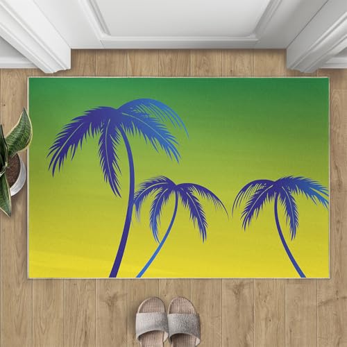 Blaue Kokosnussbaum-Silhouette Teppich Naturpflanze Grün Kleine Teppiche Verträumtes Grün-Gelb 50x80 Rug Kokosnussbaum Vorleger Rutschfester Teppich Für Stark Frequentierte Bereiche von BEQUTIY
