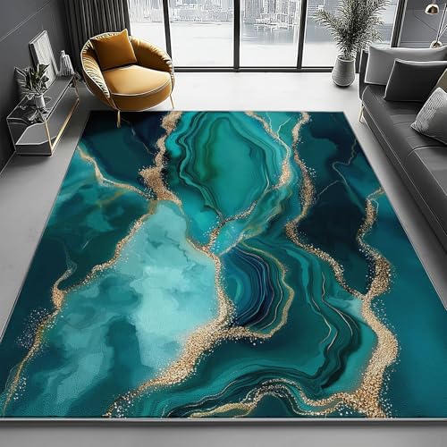 Blaugrün Waschbarer Kurzflor Teppich, Weicher Rutschfester Teppich, Kurzflor Digitale Kunst Achatlinien Bedruckter Läufer für Innenbereich Schlafzimmer, 120 x 180 cm von Generic