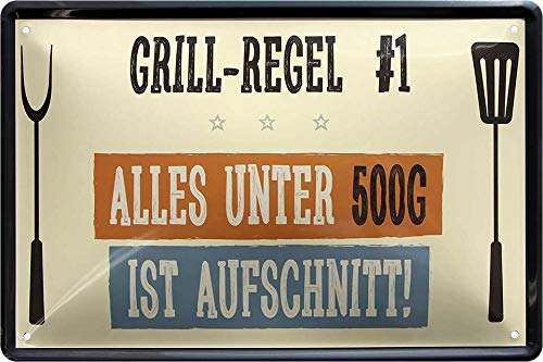 Blechschild ''Grill-Regel #1 unter 500g ist Aufschnitt'' 20x30cm Geschenk Lustige Sprüche Feier Vintage Retro Geburtstag Deko Party Überraschung Fan Lebensmittel Kaffee Kuchen Tee Grill von Generic