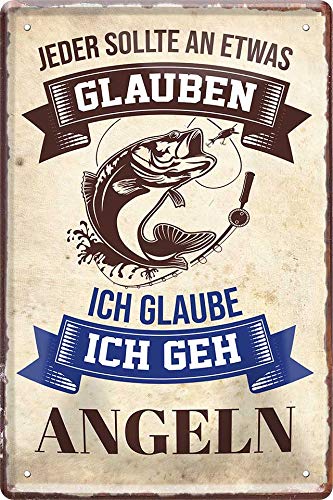 Blechschild ''Jeder sollte an etwas glauben Angeln'' 20x30cm Geschenk Lustige Sprüche Feier Vintage Retro Geburtstag Deko Party Überraschung Fan Freizeit Sport Ballsport Aktivitäten von Generic