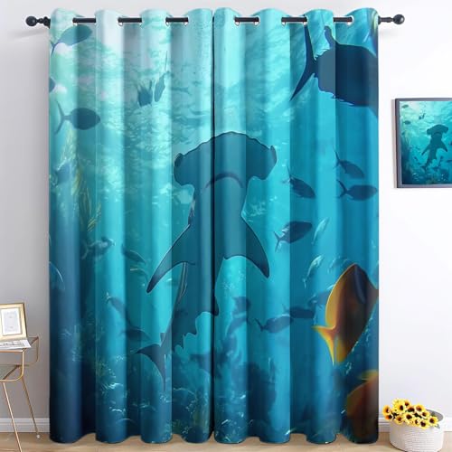 Blickdicht Vorhänge Blue Wärmeisoliert Verdunkelungsvorhang mit Ösen Unterwassertiere Haie Gardine Lichtdicht Thermovorhang für Wohnzimmer Schlafzimmer H166 x B75 cm (2er Pack) von Generic
