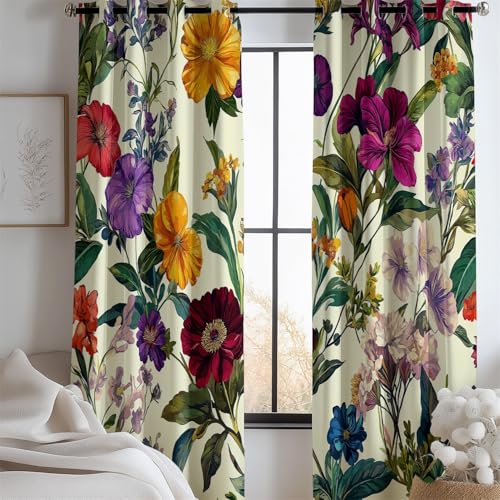 Blickdicht Vorhang mit Elegante Pflanzen Und Blumen Muster Vorhang mit Ösen Thermovorhang für Mädchenzimmer Wohnzimmer Schlafzimmer Fenstervorhänge Bunt für Zuhause H183 x B117 cm (2er Pack) von Generic