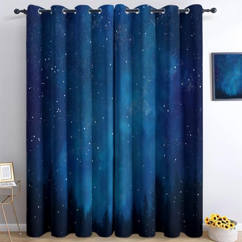 Blickdichte Bedruckte Vorhänge H213 x B132 cm (2er Pack) dekorative Fenstervorhänge für Schlafzimmer und Wohnzimmer Einfache Aquarell-Sterne am Nachthimmel Thema Teenager Blau Verdunkelungsvorhänge von Generic