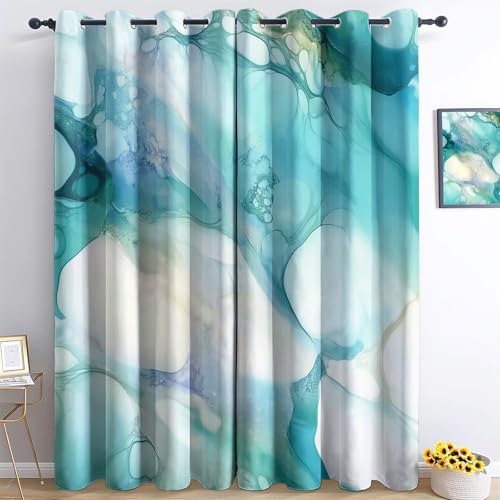 Blickdichte Bedruckte Vorhänge H260 x B140 cm (2er Pack), Marmorierte abstrakte Hintergrund Verdunkelungsvorhänge mit Ösen, dekorative Fenstervorhänge für Schlafzimmer und WohnzimmerCyan von Generic