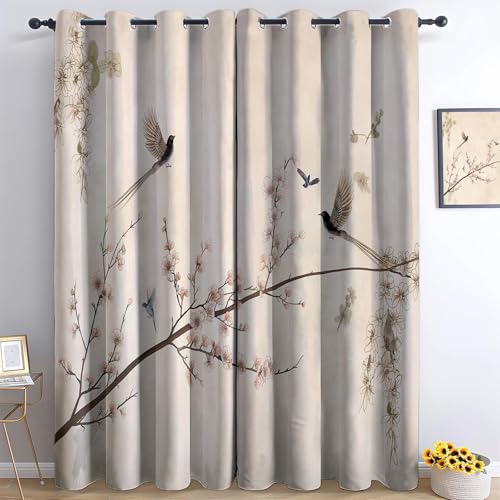 Blickdichte Gardine für Wohnzimmer H 245 x B 100 cm (2er Pack) Orientalische Blumen Vögel Vorhänge Schlafzimmer Ösen Thermo Vorhang Kälteschutz Dekoschal Deko Gardinen Verdunkelung Creme von Generic