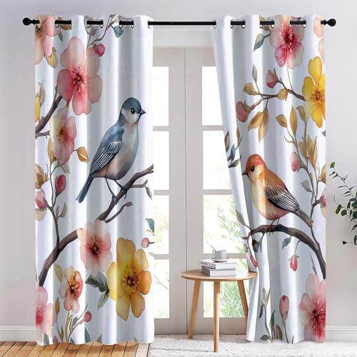 Blickdichte Vorhänge Deko Elegante Vögel Auf Zweigen Drucken Vorhänge mit Ösen hintere Verdunkelung Wärmeschutzvorhang Thermovorhang Weiß Pink für Schlafzimmer Wohnzimmer H165 x B75 cm (2er Pack) von Generic