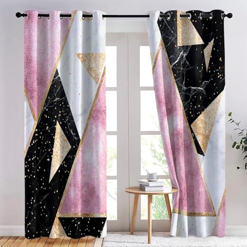 Blickdichte Vorhänge Deko Luxuriöser Geometrischer Marmor Drucken Vorhänge mit Ösen hintere Verdunkelung Wärmeschutzvorhang Thermovorhang H215 x B110 cm (2er Pack) Rosa Schwarz von Generic
