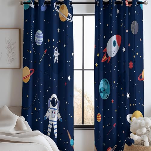 Blickdichte Vorhänge Drucken mit Ösen Wohnzimmer Gardinen Cartoon, Astronauten, Universum Muster Ösenvorhang Thermovorhang für Schlafzimmer 2er Pack Modern Schlafzimmer Gardine H 160 x B 70 cm Bunt von Generic