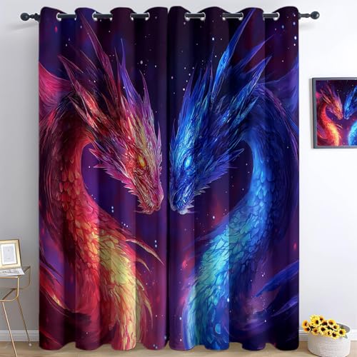 Blickdichte Vorhänge Fantasie Cartoon Magische Drachen Muster Verdunkelungsvorhänge mit Ösen Thermovorhang kälteschutz Gardinen für Wohnzimmer Schlafzimmer H215 x B110 cm (2er Pack) Rot Blau von Generic