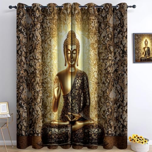 Blickdichte Vorhänge H 210 x B 110 cm (2er Pack) Mit Ösen, Modern Luxus Buddha Druck Gold Thermo Vorhang Wohnzimmer Schlafzimmer Schallschutz Deko von Generic
