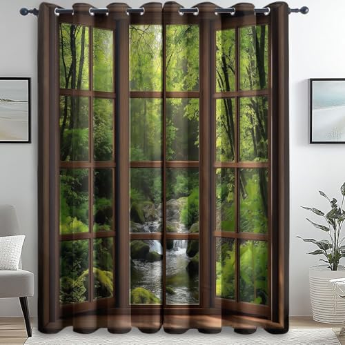 Blickdichte Vorhänge Modern Holzfenster Dschungel Thermovorhang Kälteschutz mit Ösen H 200 x B 70 cm (2er Pack) Wohnzimmer Schlafzimmer Vorhänge Blickdicht Verdunklungsvorhänge Braunes Grün von Generic