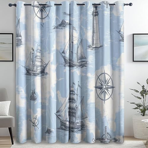 Blickdichte Vorhänge für Wohnzimmer Blau Weiß Gardinen mit Ösen Verdunkelungsvorhänge Navigation Segelboot Leuchtturm Thermovorhang für Schlafzimmer (2 x 140 x 175) von Generic