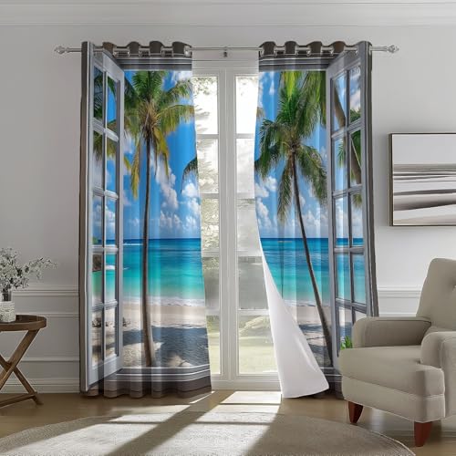 Blickdichte Vorhänge mit Ösen 3D Fenster Palmen Meer H 200 x B 70 cm (2er Pack) Verdunkelungsvorhang Thermovorhang Kälteschutz Vorhänge Dekoschal Deko Gardinen für Schlafzimmer Wohnzimmer Blau von Generic