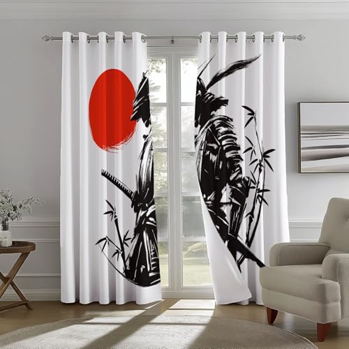 Blickdichte Vorhänge mit Ösen Anime Samurai Sonne H 200 x B 70 cm (2er Pack) Verdunkelungsvorhang Thermovorhang Kälteschutz Vorhänge Dekoschal Deko Gardinen für Schlafzimmer Wohnzimmer Schwarz Rot von Generic