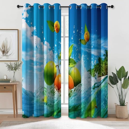 Blickdichte Vorhänge mit Ösen H 160 x B 70 cm (2er Pack), Blau Thermovorhang Verdunkelungsvorhänge für Schlafzimmer Wohnzimmer - Blauer Himmel Weiße Wolken Früchte Poster Thema Polyester Vorhang von Generic