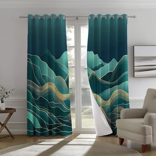 Blickdichte Vorhänge mit Ösen H 200 x B 70 cm (2er Pack) Abstrakte Linien Berge Thermovorhang Kälteschutz Weicher Verdunkelungsvorhang Gardinen Thermo für Schlafzimmer Wohnzimmer Cyan Gold von Generic