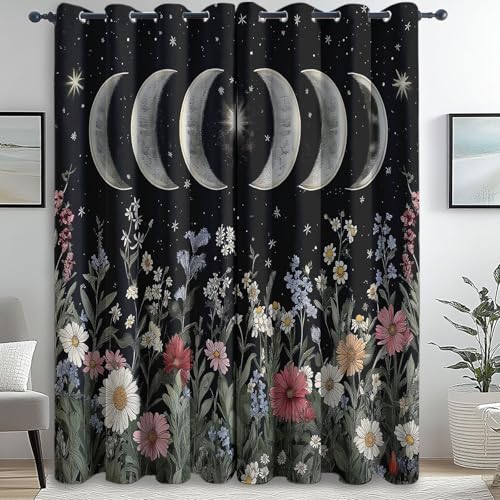 Blickdichte Vorhänge mit Ösen H 245 x B 150 cm (2er Pack) Retro-Mondblumen Verdunkelungsvorhang Thermovorhang Kälteschutz Vorhänge Dekoschal Deko Gardinen für Schlafzimmer Wohnzimmer Bunt von Generic
