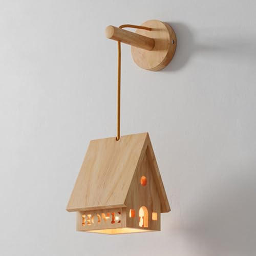 Blockhaus-Wandlampe, Moderne Wandleuchte aus Holz, nordische Wandleuchte für den Innenbereich, Retro-Bauernhaus-Kinderzimmer, Wandleuchte aus Massivholz mit hängendem Draht für Schlafzimmer, Nach von Generic