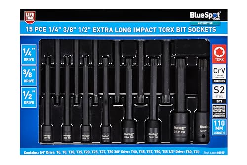 Blue Spot Tools T6-T70 Torx-Bits, 1/4 Zoll, 3/8 Zoll und 1/2 Zoll, extra lang, 15 Stück von Generic
