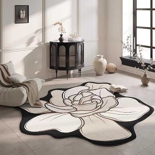 Blumen Geformten Bereich Teppich Schwarz Weiß Beige Daisy Blumen Muster Runder Teppich Für Schlafzimmer Esszimmer Home Office Nicht Shedding(Hellbeige,180x180cm) von Generic