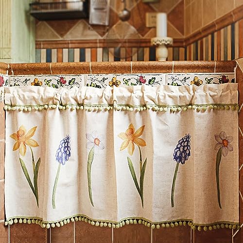 Blumen Muster Scheibengardine mit Zierkugeln Boho Kurzgardine Leinen Küchenvorhang Breit Kleinfenster Kurze Fenster for Dekoration Wohnzimmer Schlafzimmer (Color : Beige, Size : 62x125cm/24x49in) von Generic