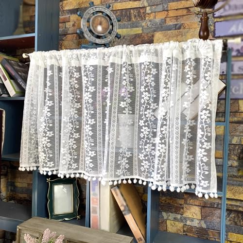 Blumen Stickerei Voile Scheibengardine mit Zierkugeln Transparente Kurz Küchenvorhang Nordischer Stil Bistrogardine Dekorativ für Zimmer Fenster (Color : White, Size : 180x30cm/71x12in) von Generic