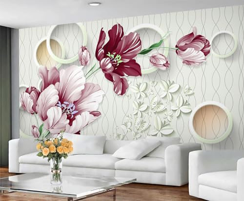 Blumen Tapete 3D Geometrische Mädchenzimmertapete Schmetterlingssilhouette Tulpenwandbild Wellenlinientapete für Wohnzimmer Schlafzimmer Wandbild Poster 490X350cm von Generic