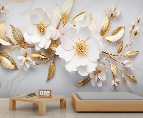 Blumen Tapeten Weiße Blumen Tapete für Jungenzimmer Goldene Blätter Tapetenwandbilder für Wände Luxuriöse Elegante Natur Tapete für Schlafzimmer Wandbild Wohnzimmer Poster 100X70cm von Generic